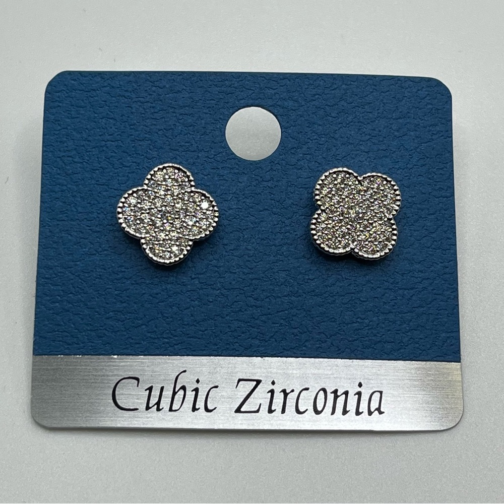 CZ lead free silver clover earrings.